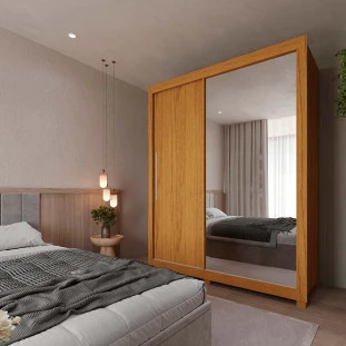 Guarda Roupa Pequeno Solteiro 149x226 com 2 Portas 1 Porta Espelho e Pés Royale Gelius Naturale