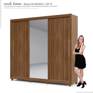 Guarda Roupa Casal Solteiro 3 Portas Correr 1 Porta de Espelho e Pés 228cm Royale Gelius Nogueira
