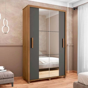 Guarda Roupa 136cm Solteiro 2 Portas Correr Com Espelho Suécia RV Móveis Cinamomo/Grafite