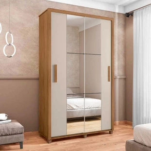 Guarda Roupa 136cm Solteiro 2 Portas Correr Com Espelho Suécia RV Móveis Cinamomo/Off White
