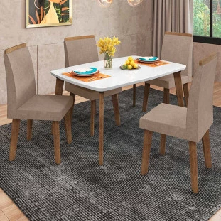 Conjunto Mesa de Jantar Tampo Vidro Com 04 Cadeiras 120x90 Jade RV Móveis Off White/Pena Caramelo