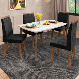 Conjunto Mesa de Jantar Tampo Vidro Com 04 Cadeiras 120x90 Jade RV Móveis Off White/Preto