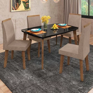 Conjunto Mesa de Jantar Tampo Vidro Com 04 Cadeiras 120x90 Jade RV Móveis Preto/Pena Caramelo