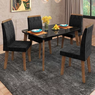 Conjunto Mesa de Jantar Tampo Vidro Com 04 Cadeiras 120x90 Jade RV Móveis Preto/Preto