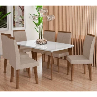 Conjunto Mesa de Jantar Tampo Vidro Com 06 Cadeiras 170x90 Jade RV Móveis Off White/Pena Caramelo