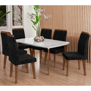 Conjunto Mesa de Jantar Tampo Vidro Com 06 Cadeiras 170x90 Jade RV Móveis Off White/Preto