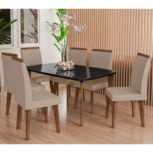 Conjunto Mesa de Jantar Tampo Vidro Com 06 Cadeiras 170x90 Jade RV Móveis Preto/Pena Caramelo