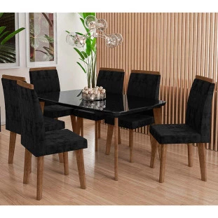 Conjunto Mesa de Jantar Tampo Vidro Com 06 Cadeiras 170x90 Jade RV Móveis Preto/Preto
