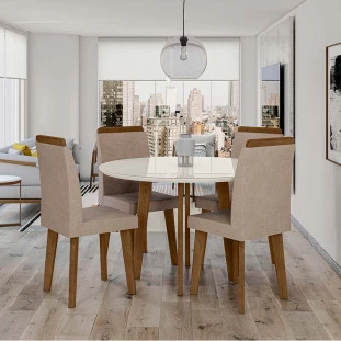 Conjunto Mesa de Jantar Redonda Tampo Vidro Com 04 Cadeiras Turmalina RV Móveis Off White/Pena Caramelo