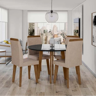 Conjunto Mesa de Jantar Redonda Tampo Vidro Com 04 Cadeiras Turmalina RV Móveis Preto/Pena Caramelo