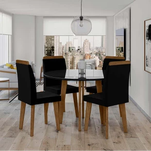 Conjunto Mesa de Jantar Redonda Tampo Vidro Com 04 Cadeiras Turmalina RV Móveis Preto/Preto