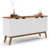 Buffet Aparador 160cm 4 Portas Pés Madeira Prism Patrimar Branco/Cumaru