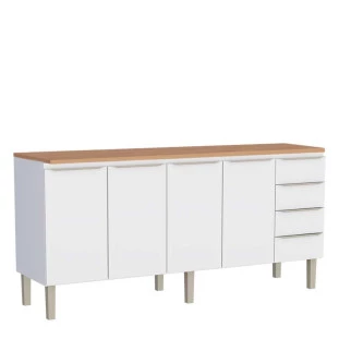 Balcão de Aço 200 Com Tampo Jequitibá 4 Portas 4 Gavetas Cozinha Flora Cozimax Branco