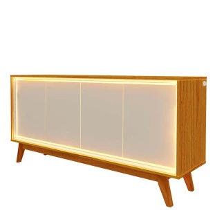 Buffet Aparador Sala Com LED 160cm Pés Madeira Requinte Gelius Naturale/Off White
