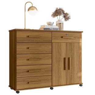 Cômoda Sapateira 1 Porta 6 Gavetas 126cm Platina Lukaliam Freijo
