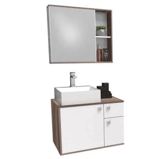 Conjunto de Banheiro Gabinete Caeté 60 com Cuba Cubo e Espelho Cozimax Branco/Tamarindo