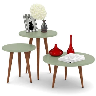 Conjunto com 3 Mesas Apoio Lateral e Centro Redonda Legs Patrimar Verde Alecrim