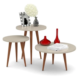 Conjunto com 3 Mesas Apoio Lateral e Centro Redonda Legs Patrimar Off White