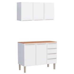 Cozinha Completa Aço Balcão com Tampo Jequitibá e Armário Aéreo 120 Flora Cozimax Branco