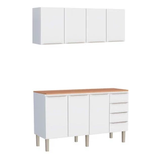 Cozinha Completa Aço Balcão com Tampo Jequitibá e Armário Aéreo 160 Flora Cozimax Branco