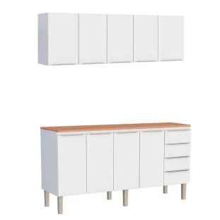 Cozinha Completa Aço Balcão com Tampo Jequitibá e Armário Aéreo 180 Flora Cozimax Branco