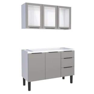 Cozinha Completa Gabinete Para Pia 120cm e Armário Aéreo Portas Vidro Júpiter Cozimax Cinza Argila