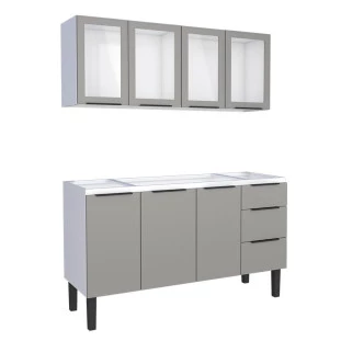 Cozinha Completa Gabinete Para Pia 150cm e Armário Aéreo Portas Vidro Júpiter Cozimax Cinza Argila