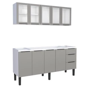 Cozinha Completa Gabinete Para Pia 180cm e Armário Aéreo Portas Vidro Júpiter Cozimax Cinza Argila
