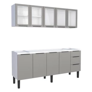 Cozinha Completa Gabinete Para Pia 200cm e Armário Aéreo Portas Vidro Júpiter Cozimax Cinza Argila