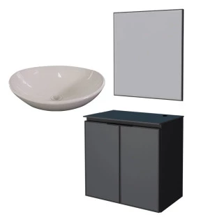 Conjunto Banheiro Aço Gabinete Umbu 60 Com Cuba Bali Branca Espelho Bisotê Cozimax Preto