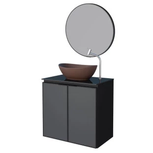 Conjunto Banheiro Aço Gabinete Umbu 60 Com Cuba Bali Marrom Espelho Luna Cozimax Preto