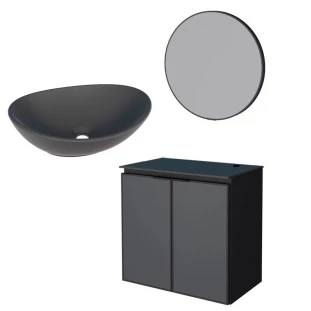 Conjunto Banheiro Aço Gabinete Umbu 60 Com Cuba Bali Preta Espelho Luna Cozimax Preto