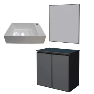 Conjunto Banheiro Aço Gabinete Umbu 60 Com Cuba Prisma Base e Espelho Bisotê Cozimax Preto