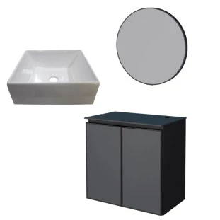 Conjunto Banheiro Aço Gabinete Umbu 60 Preto Com Cuba Prisma e Espelho Luna Cozimax