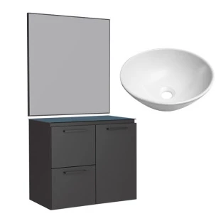 Conjunto Banheiro Aço Gabinete Osiris 60 Com Espelho Gaia e Cuba Cuia Branca Cozimax Preto