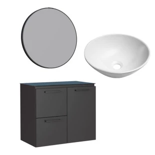 Conjunto Banheiro Aço Gabinete Osiris 60 Com Espelho Luna e Cuba Cuia Branca Cozimax Preto