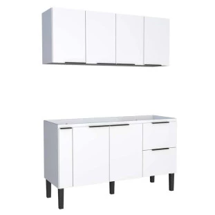 Cozinha Completa de Madeira Gabinete Para Pia 150cm e Armário Aéreo Cisne Cozimax Branco