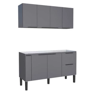 Cozinha Completa de Madeira Gabinete Para Pia 150cm e Armário Aéreo Cisne Cozimax Cinza