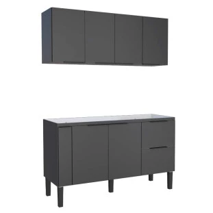 Cozinha Completa de Madeira Gabinete Para Pia 150cm e Armário Aéreo Cisne Cozimax Preto