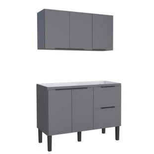 Cozinha Completa de Madeira Gabinete Para Pia 120cm e Armário Aéreo Cisne Cozimax Cinza