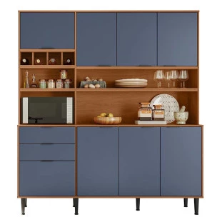 Cozinha Completa 180x200cm Com Adega 7 Portas 2 Gavetas Viena Lukaliam Jequitiba/Azul