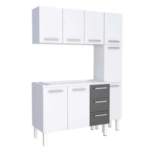 Cozinha Completa de Aço Gabinete Para Pia 140cm com Aéreo e Paneleiro Vênus Cozimax Branco/Preto