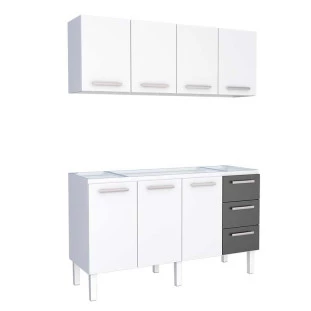Cozinha de Aço Gabinete Para Pia 160cm com Armário Aéreo Vênus Cozimax Branco/Preto