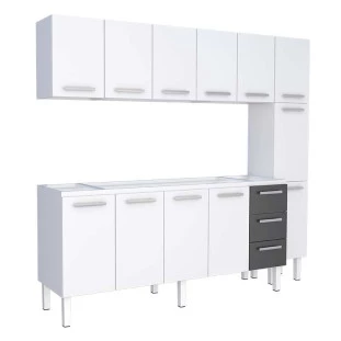 Cozinha Completa de Aço Gabinete Para Pia 200cm com Aéreo e Paneleiro Vênus Cozimax Branco/Preto