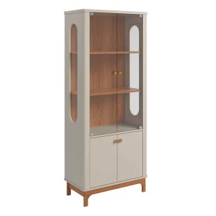 Cristaleira de Vidro e Madeira Sem Espelho 180x74cm Jade Lukaliam Off White/Jequitiba
