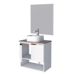 Conjunto Para Banheiro Aço Pequi 60 Com Cuba Duna e Espelho Bisotê Cozimax Branco