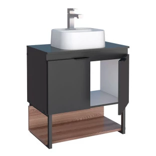 Gabinete Para Banheiro Madeira Sálvia 60 Preto/Tamarindo Cozimax Com Cuba Duna Branca