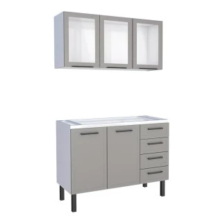 Cozinha Completa Gabinete Para Pia 120 e Armário Aéreo Porta Vidro Juno/Apolo 4 Gavetas Cozimax Cinza Argila