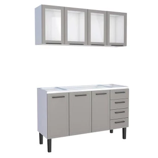 Cozinha Completa Gabinete Para Pia 150 e Armário Aéreo Portas Vidro Juno/Apolo 4 Gavetas Cozimax Cinza Argila