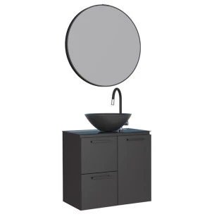 Conjunto Banheiro Aço Gabinete Osiris 60 Com Espelho Luna e Cuba Cuia Preta Cozimax Preto